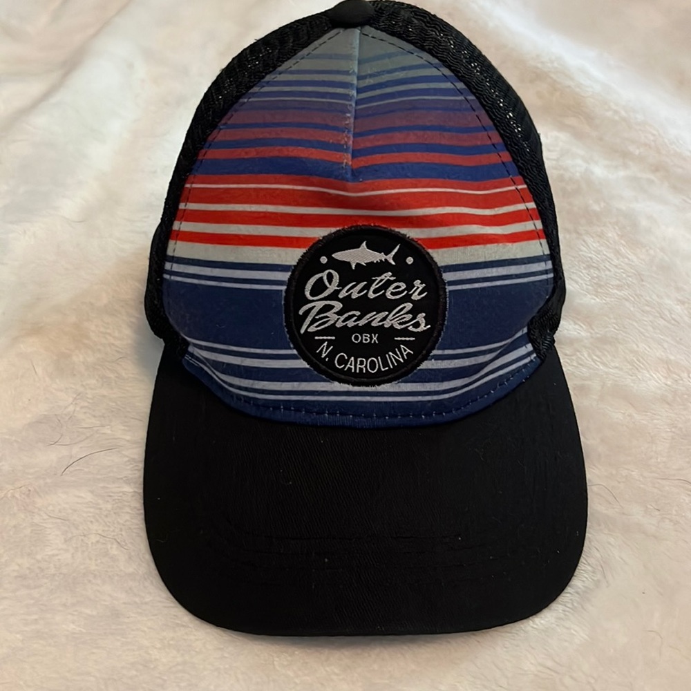 OBX- youth sized Trucker Style baseball cap. Navy/multi stripe.  Excellent !